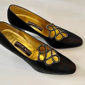 Black Satin Bruno Magli Couture Dress Pumps, Size 5.5